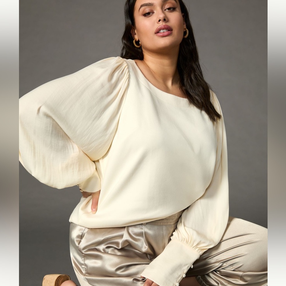 Anthropologie Silky Balloon-Sleeve Top, M, cream